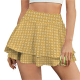 caramel print matrix High Waist Layered Ruffle Pockets Sports Skirt