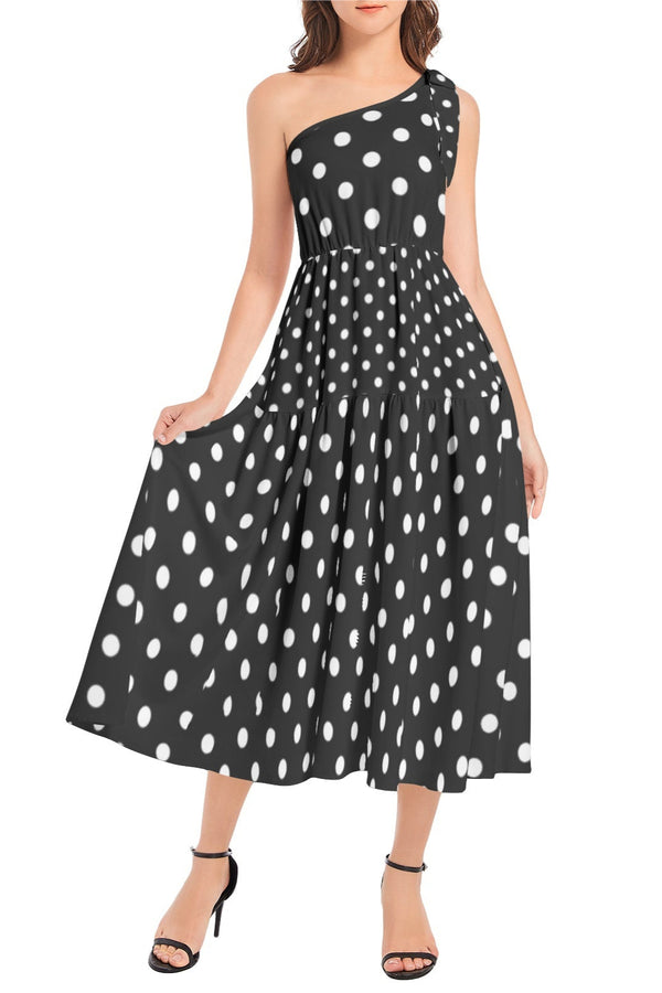 Polka Dot Ruffle Hem One Shoulder Midi Dress