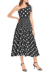 Polka Dot Ruffle Hem One Shoulder Midi Dress