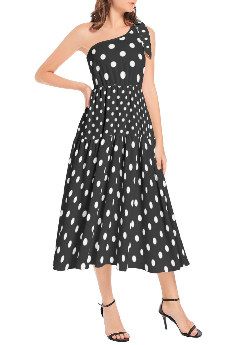 Polka Dot Ruffle Hem One Shoulder Midi Dress