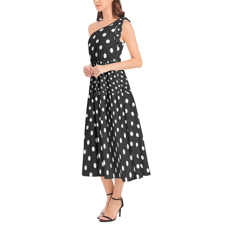 Polka Dot Ruffle Hem One Shoulder Midi Dress