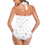 note white black print Women's Halter Neck Gather Chest Swimsuit (Model S52)