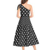 Polka Dot Ruffle Hem One Shoulder Midi Dress