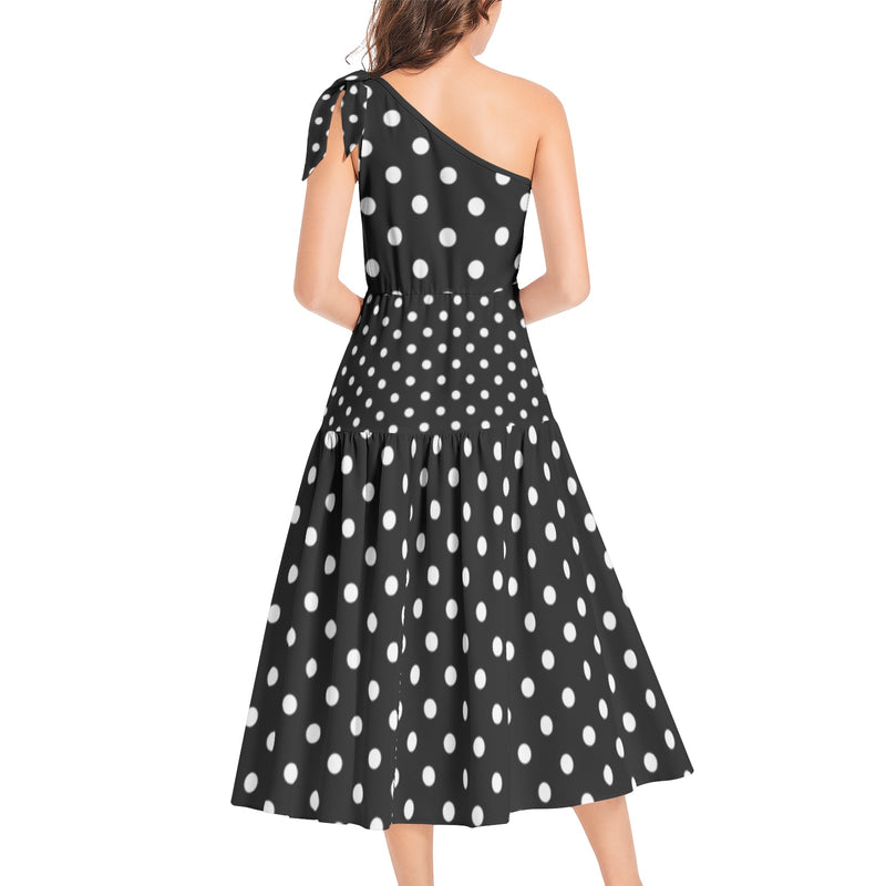 Polka Dot Ruffle Hem One Shoulder Midi Dress