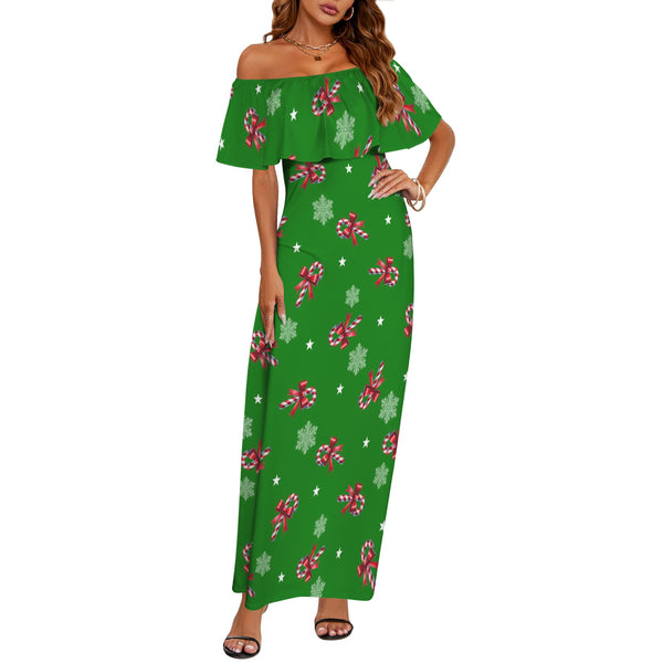 bright xmas candy cane print 5B Women's Off Shoulder Ruffle Boat Neck Dress (Model D71)
