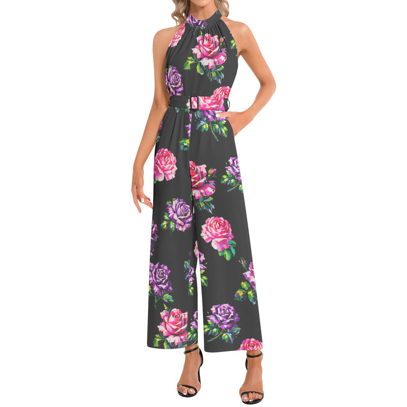 Halter Neck Buckle Belted Jumpsuit