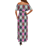 argyle print 2 Women's Off Shoulder Ruffle Boat Neck Dress (Model D71)