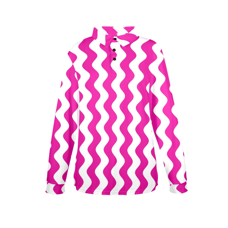 fuchsia wavy print Women's Long Sleeve Polo Shirt (Model T73)