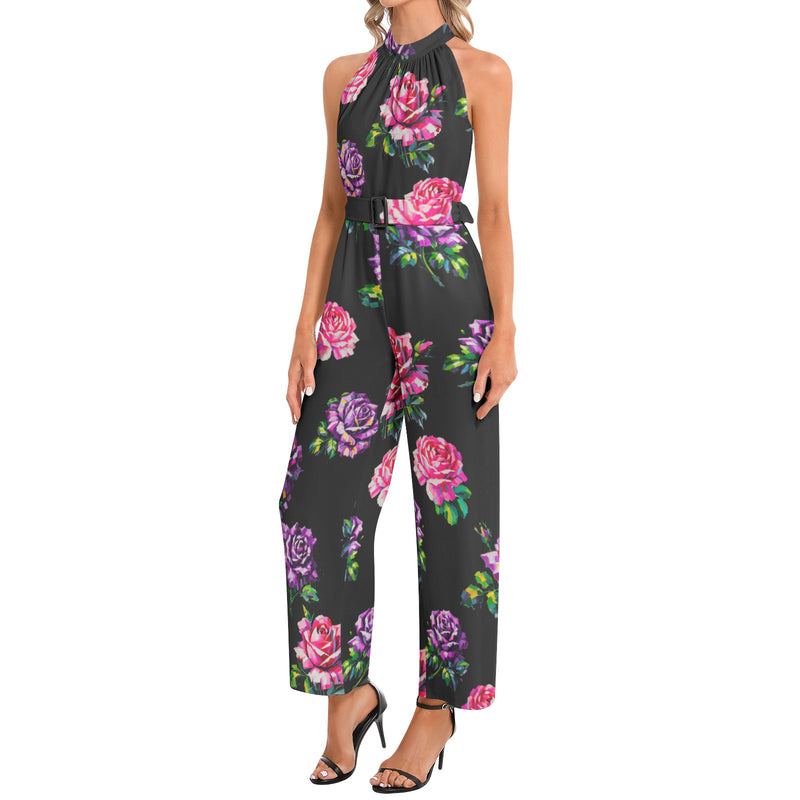 Halter Neck Buckle Belted Jumpsuit