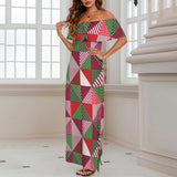 patchwork print xmas 4 Women's Off Shoulder Ruffle Boat Neck Dress (Model D71)