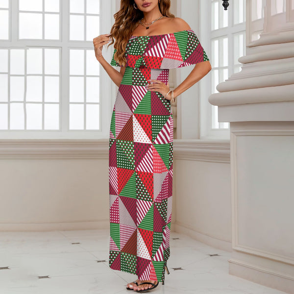 patchwork print xmas 4 Women's Off Shoulder Ruffle Boat Neck Dress (Model D71)