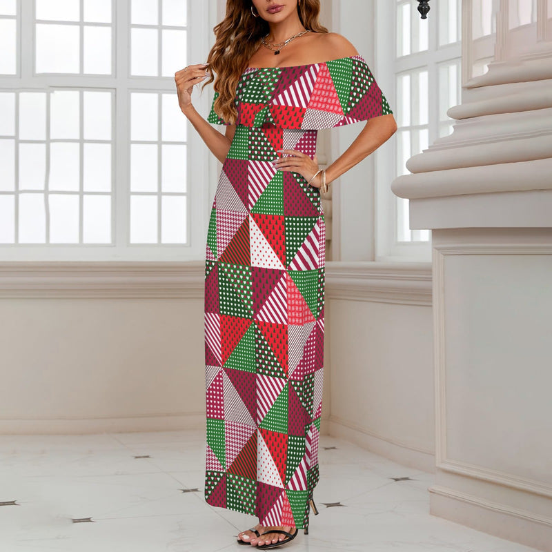 patchwork print xmas 4 Women's Off Shoulder Ruffle Boat Neck Dress (Model D71)