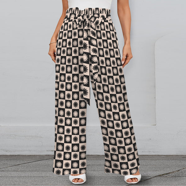 sun print 2D Strappy Elastic Waist Wide Leg Pants with Pockets