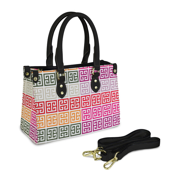 bi colored scheme greek key print PU Leather Handbag-Small (Model 1747)