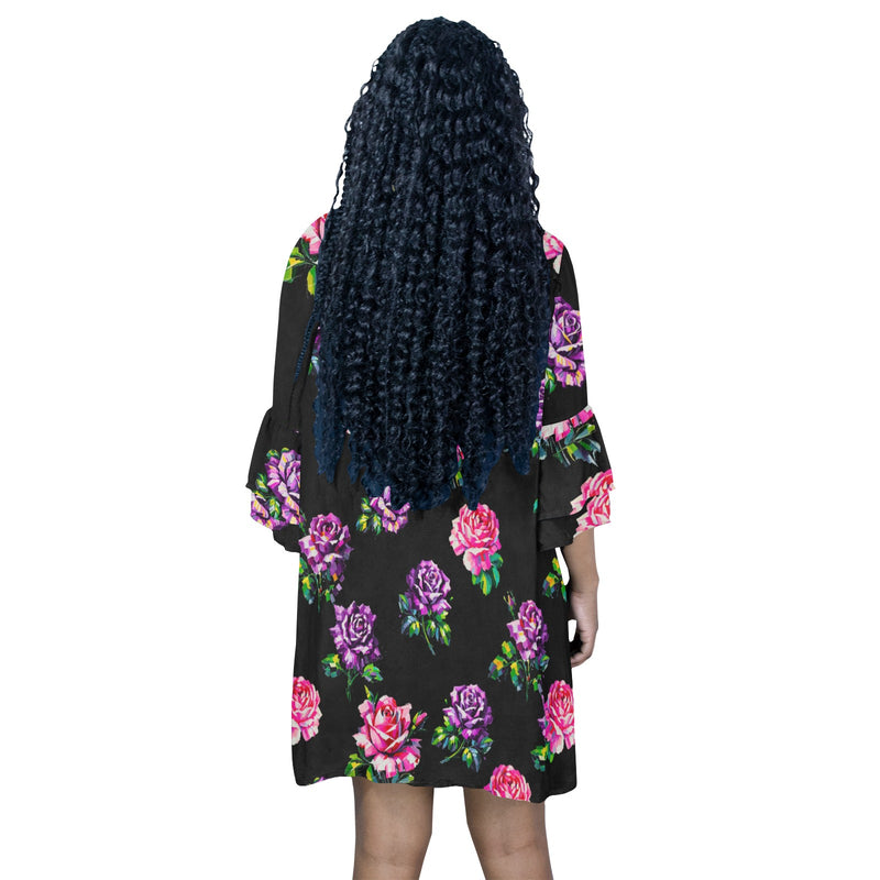 color block floral print 2A Half Sleeves V-Neck Mini Dress (Model D63)