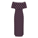 bronze polka dot on purple print Women's Off Shoulder Ruffle Boat Neck Dress (Model D71)