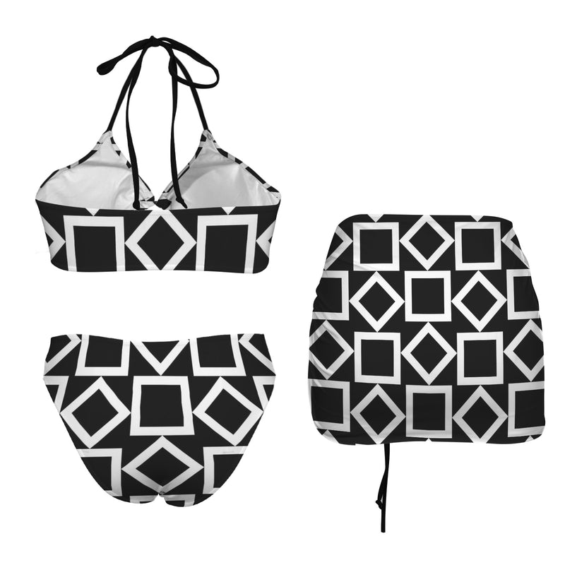 square diamond bw print Drawstring Halterneck Three-Piece Swimsuit Skirt