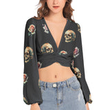 Women's Deep V-Neck Lantern Sleeve Crop Top