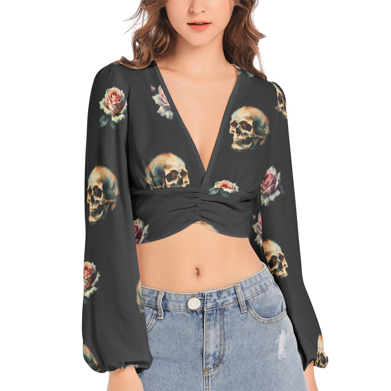 Women's Deep V-Neck Lantern Sleeve Crop Top