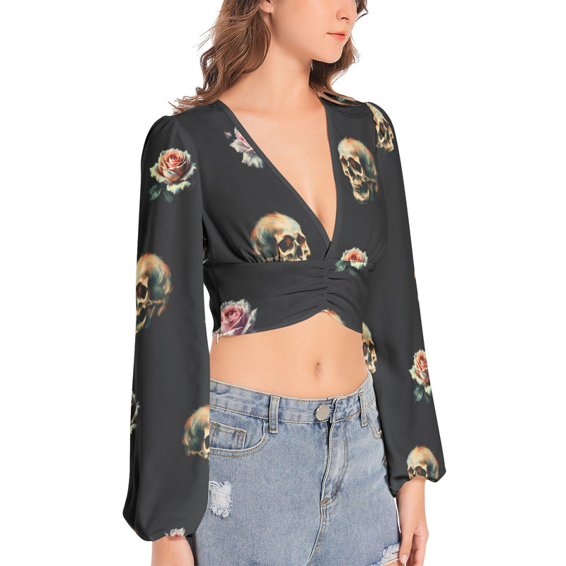 Women's Deep V-Neck Lantern Sleeve Crop Top