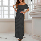 bw print thin stripe Women's Off Shoulder Ruffle Boat Neck Dress (Model D71)