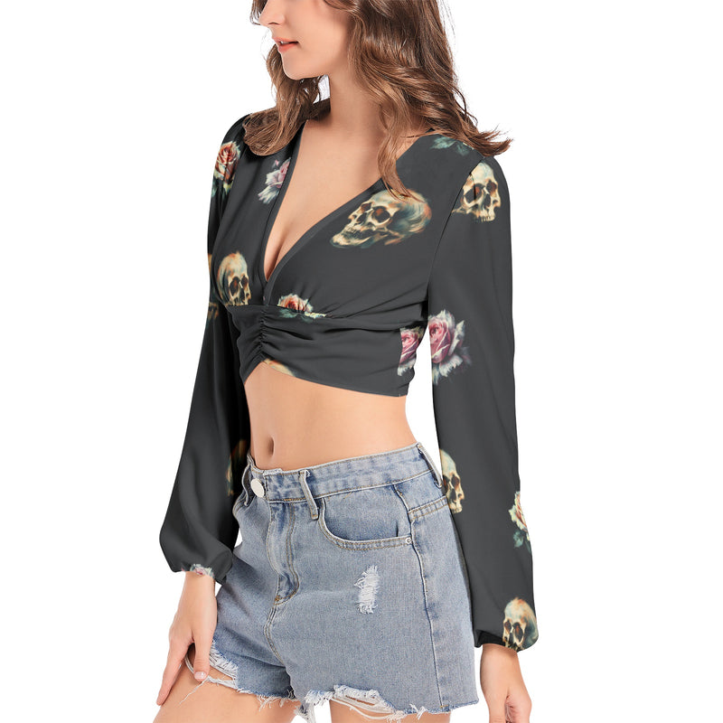 Women's Deep V-Neck Lantern Sleeve Crop Top