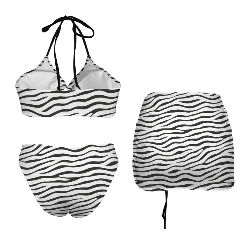 zeb stripe print Drawstring Halterneck Three-Piece Swimsuit Skirt