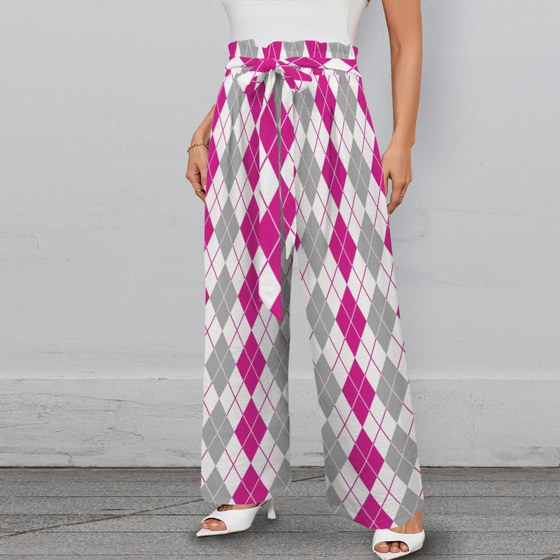 argyle pink print 2A Strappy Elastic Waist Wide Leg Pants with Pockets