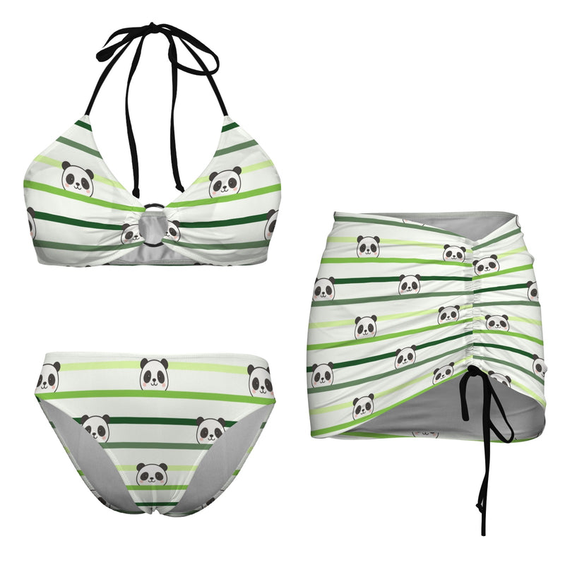 panda bear striped print 2 Drawstring Halterneck Three-Piece Swimsuit Skirt