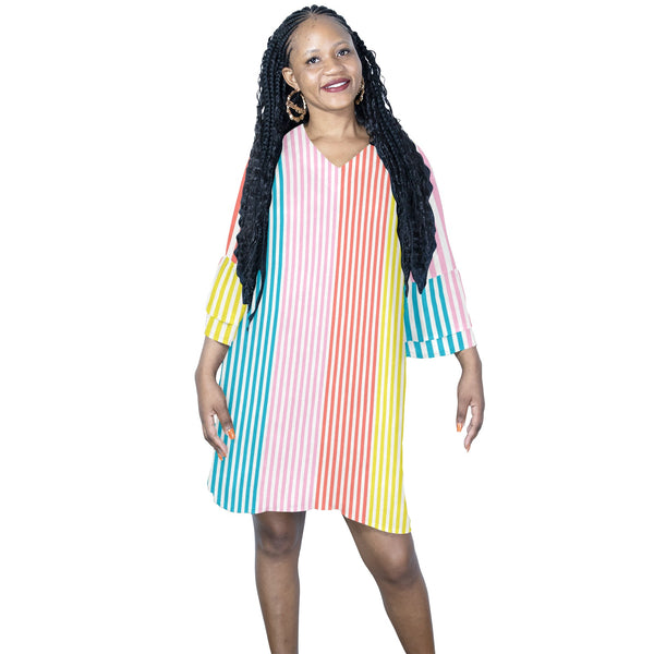 striped print colorful 2A Half Sleeves V-Neck Mini Dress (Model D63)