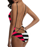 fuchsia striped two tone print 7A Sexy Lacing Backless One-Piece Swimsuit (Model S10)