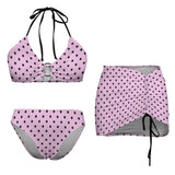 pink polka dot print Drawstring Halterneck Three-Piece Swimsuit Skirt