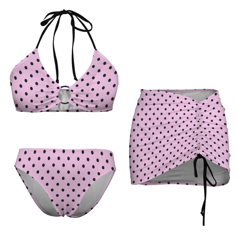 pink polka dot print Drawstring Halterneck Three-Piece Swimsuit Skirt