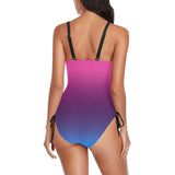 pink blue gradient print 4 Drawstring Side One-Piece Swimsuit (Model S14)