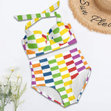rect colored print 3A Women's Halter Neck Gather Chest Bikini Swimsuit (Model S53)