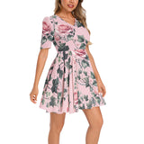 Short Sleeve Ruched Bust Flared Hem Dress