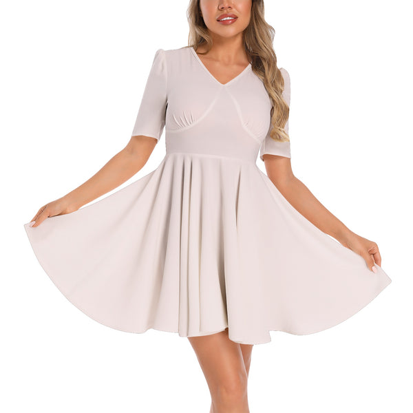 Short Sleeve Ruched Bust Flared Hem Dress