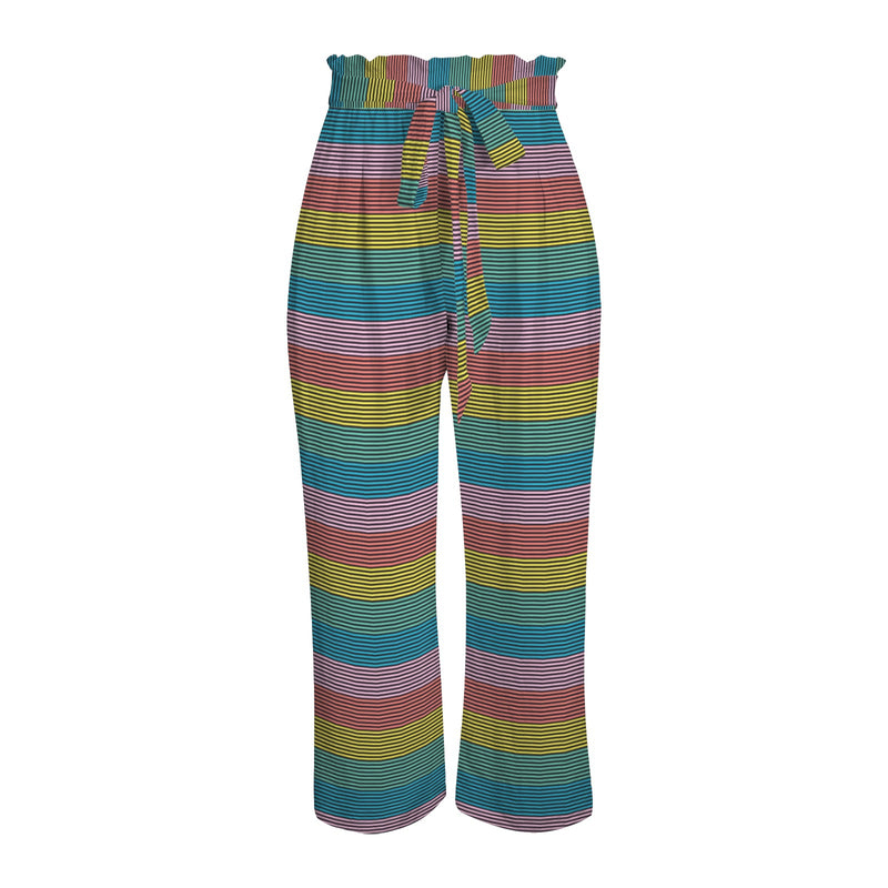 striped print 2B Strappy Elastic Waist Wide Leg Pants with Pockets