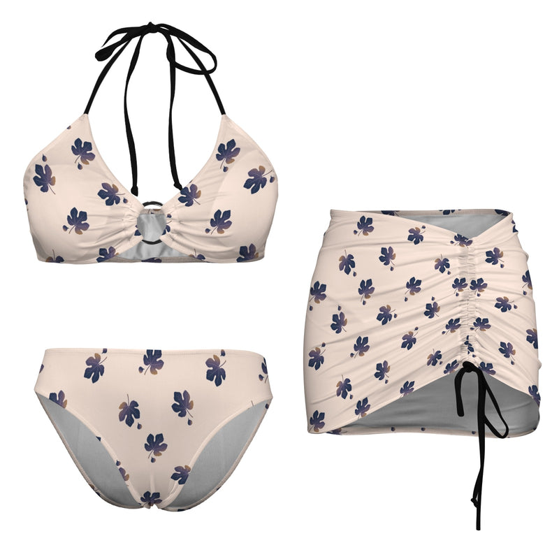 fig leaf and figs print Drawstring Halterneck Three-Piece Swimsuit Skirt