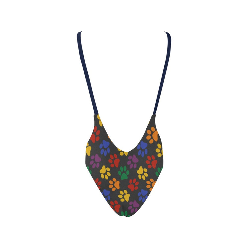colorful paws print 2C Sexy Low Back One-Piece Swimsuit (Model S09)