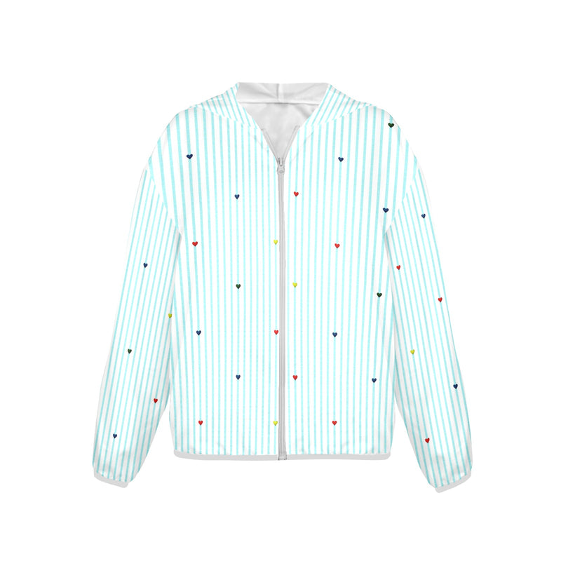 heart on stripes print light blue Women's Lightweight Sun Protection Hoodie (Model H62)