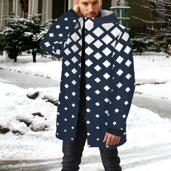 dk blue print 10K Men's Mid-Length Hooded Coat (Model H69)