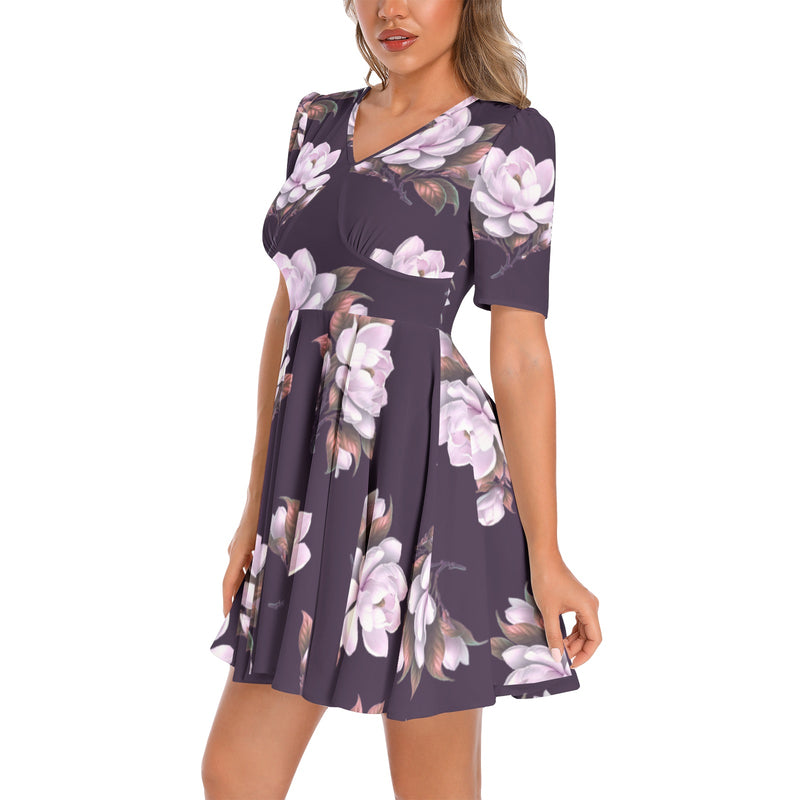 Short Sleeve Ruched Bust Flared Hem Dress