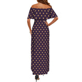 bronze polka dot on purple print Women's Off Shoulder Ruffle Boat Neck Dress (Model D71)