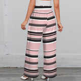 Pressed Rose & Black and White Stripes Strappy Elastic Waist Wide Leg Pants with Pockets