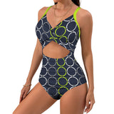 rings white print Women's Twist Front Tie Back Swimsuit (Model S57)