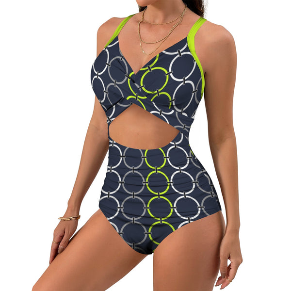 rings white print Women's Twist Front Tie Back Swimsuit (Model S57)
