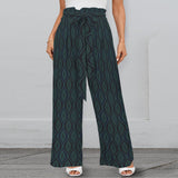 ogee mono green print Strappy Elastic Waist Wide Leg Pants with Pockets