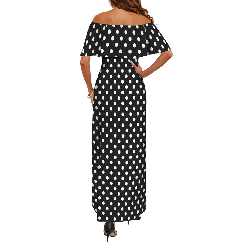 bw polka dot 9 Women's Off Shoulder Ruffle Boat Neck Dress (Model D71)