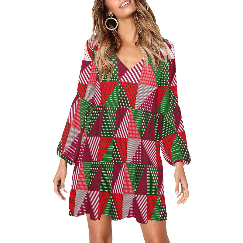 patchwork print xmas 4 V-Neck Loose Fit Dress (Model D62)